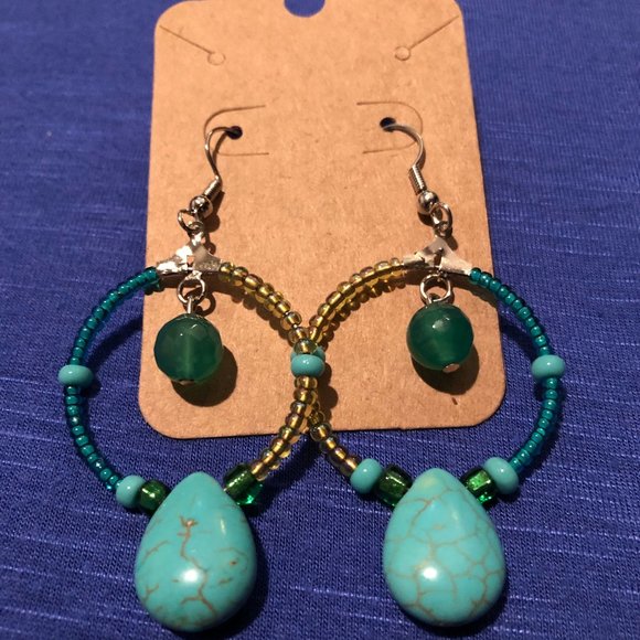 Dazzle Them Gems Jewelry - Real Turquoise, Green, and Yellow Hoop Earrings